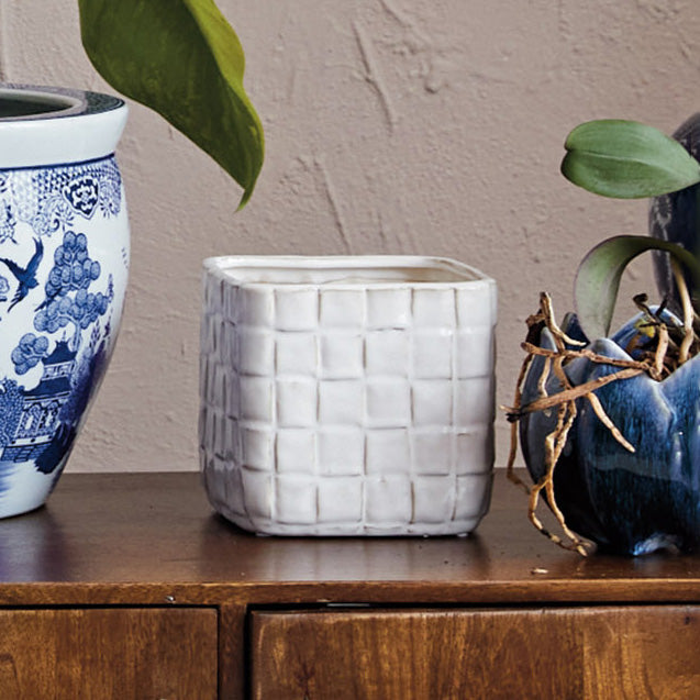 White Stoneware Planter with Debossed Woven Grid Pattern